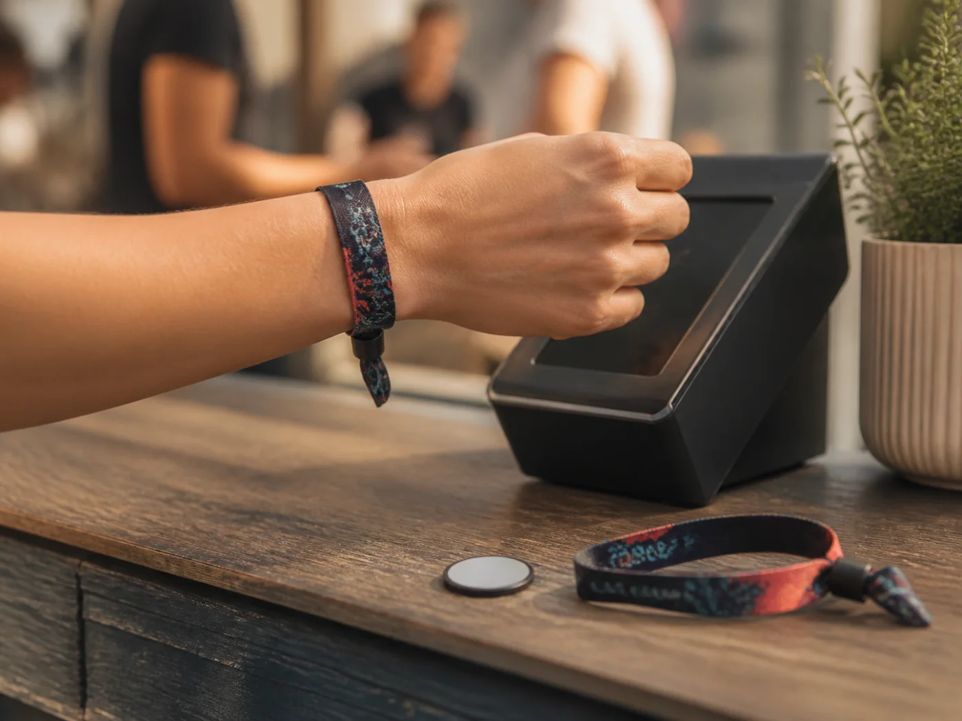 Bracelets RFID cashless dans un scénario professionnel sans marque