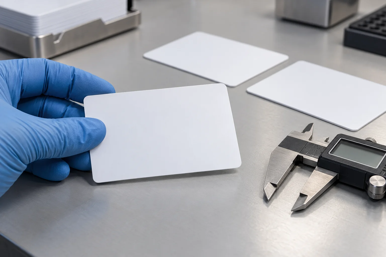 Illustration de cartes RFID blanches sur un plan de contrôle avec un pied à coulisse